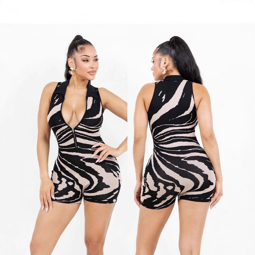 Trendy Half-Zip Striped Romper with Collar