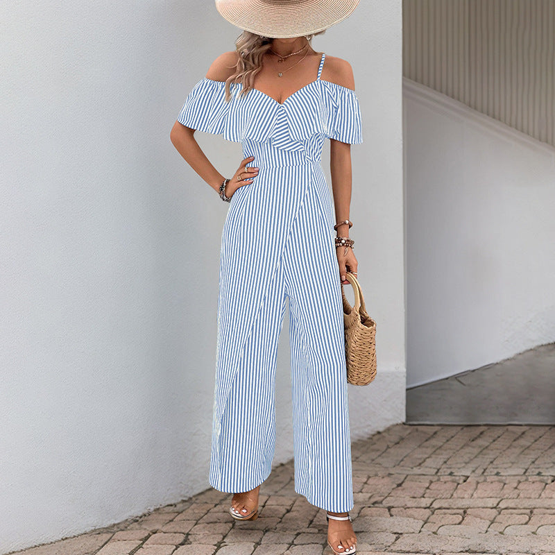 Summer New Striped Strap Wide Leg Jumpsuit For Women