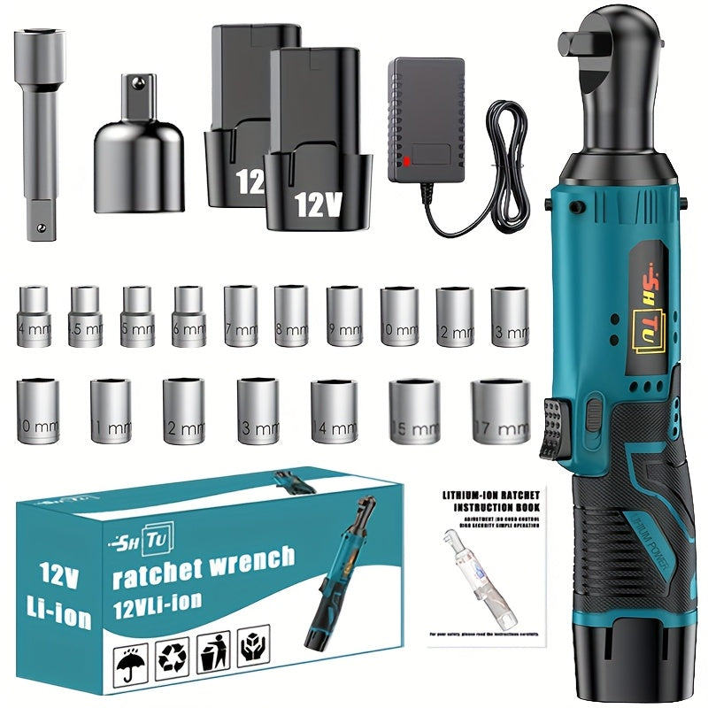 12V Brushless Electric Ratchet Wrench Set with Battery & Quick Charger - Cordless Power Tool Kit, Lithium-Ion Battery-Powered, Ergonomic Grip, Speed Control, Compatible with US Plug for Car Repair, Ho