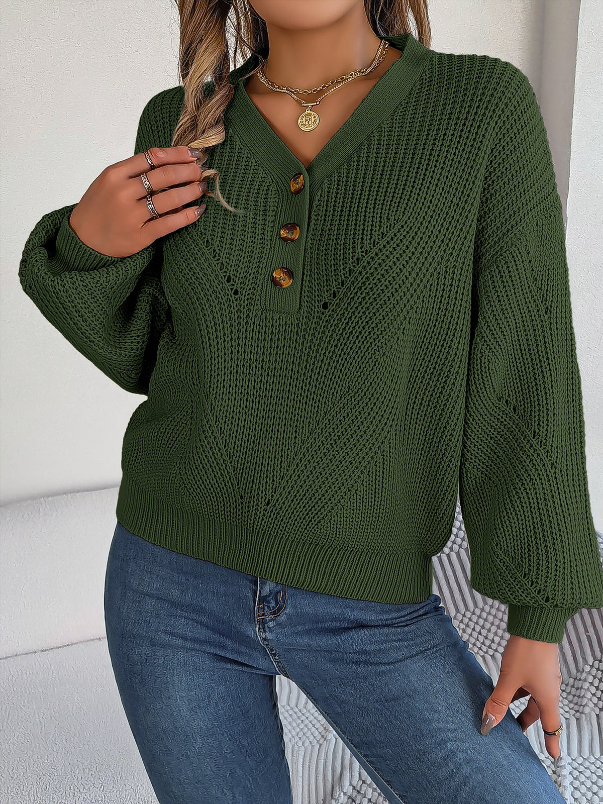 Women Hollow Out V-neck Button Lantern Sleeve Pullover Sweater