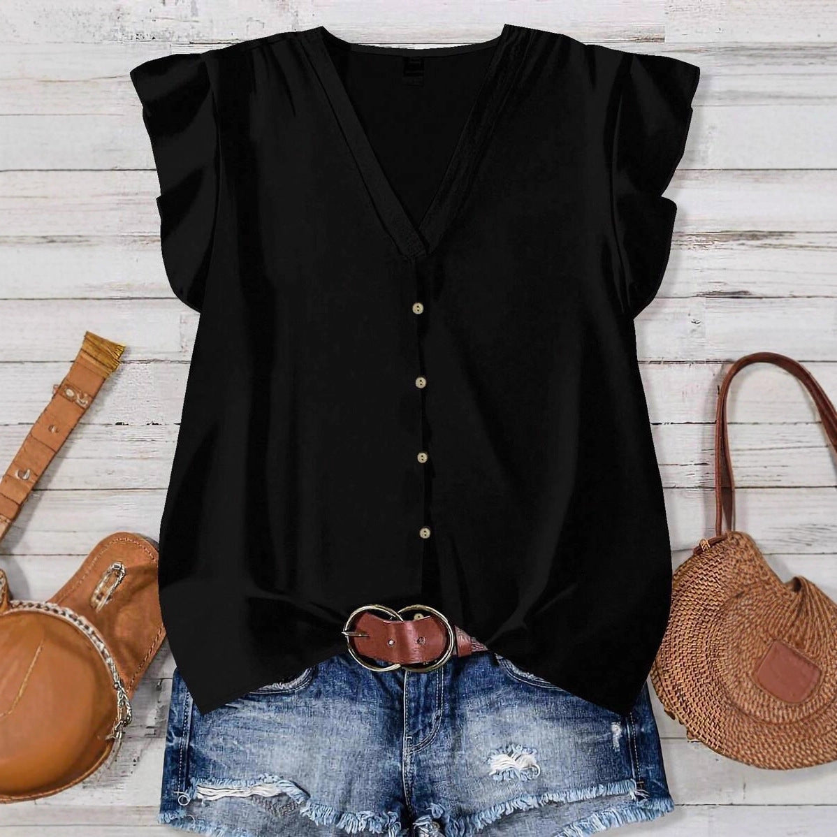 Solid-color V-neck Buttoned Flutter-sleeve Blouse For Women