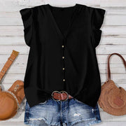 Solid-color V-neck Buttoned Flutter-sleeve Blouse For Women