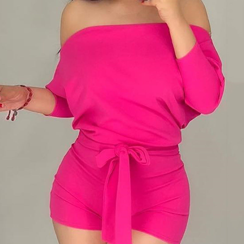 Rose-red Solid-color Casual One-piece Shorts