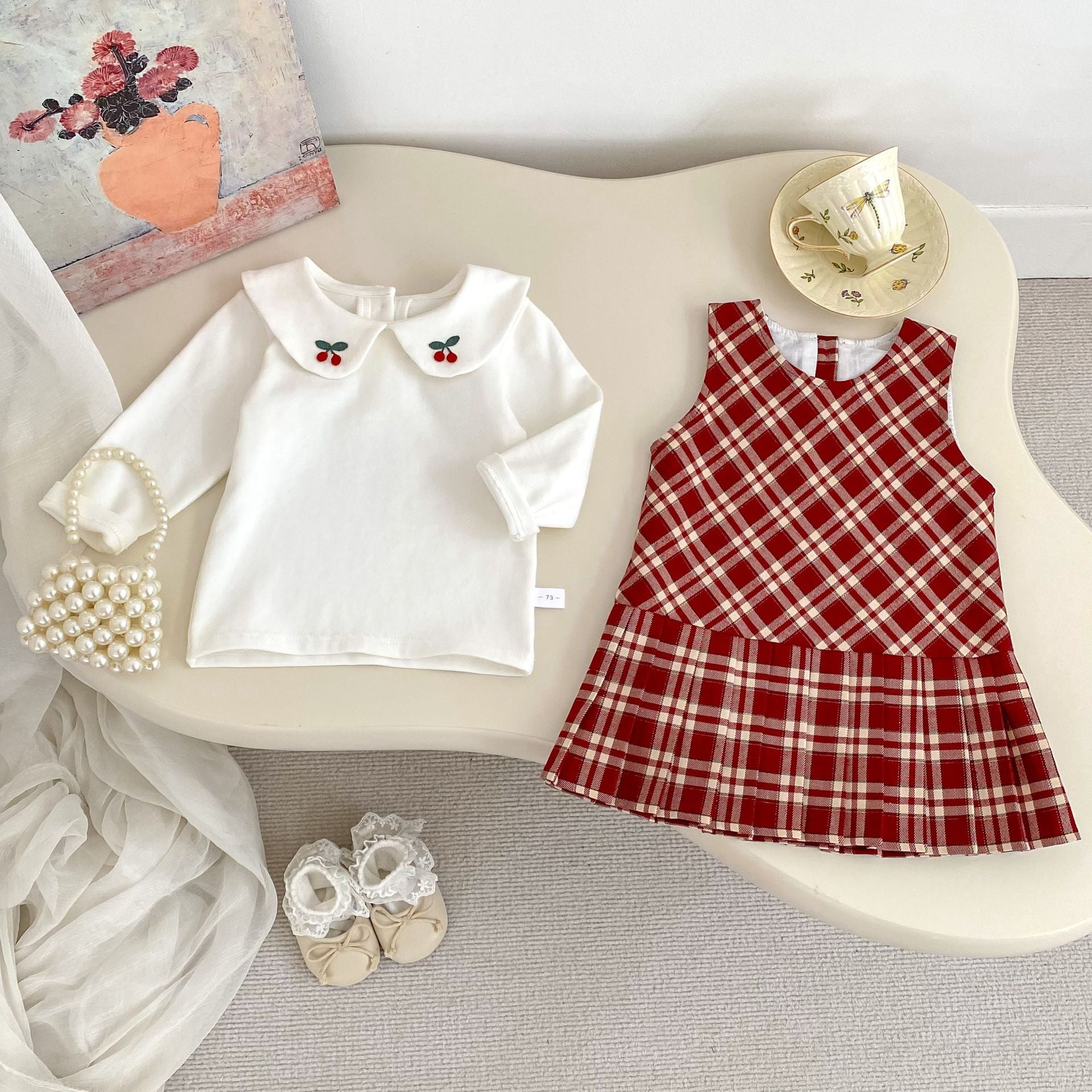 Preppy Plaid Vest Dress & Embroidered Shirt Two-Piece Set for Girls