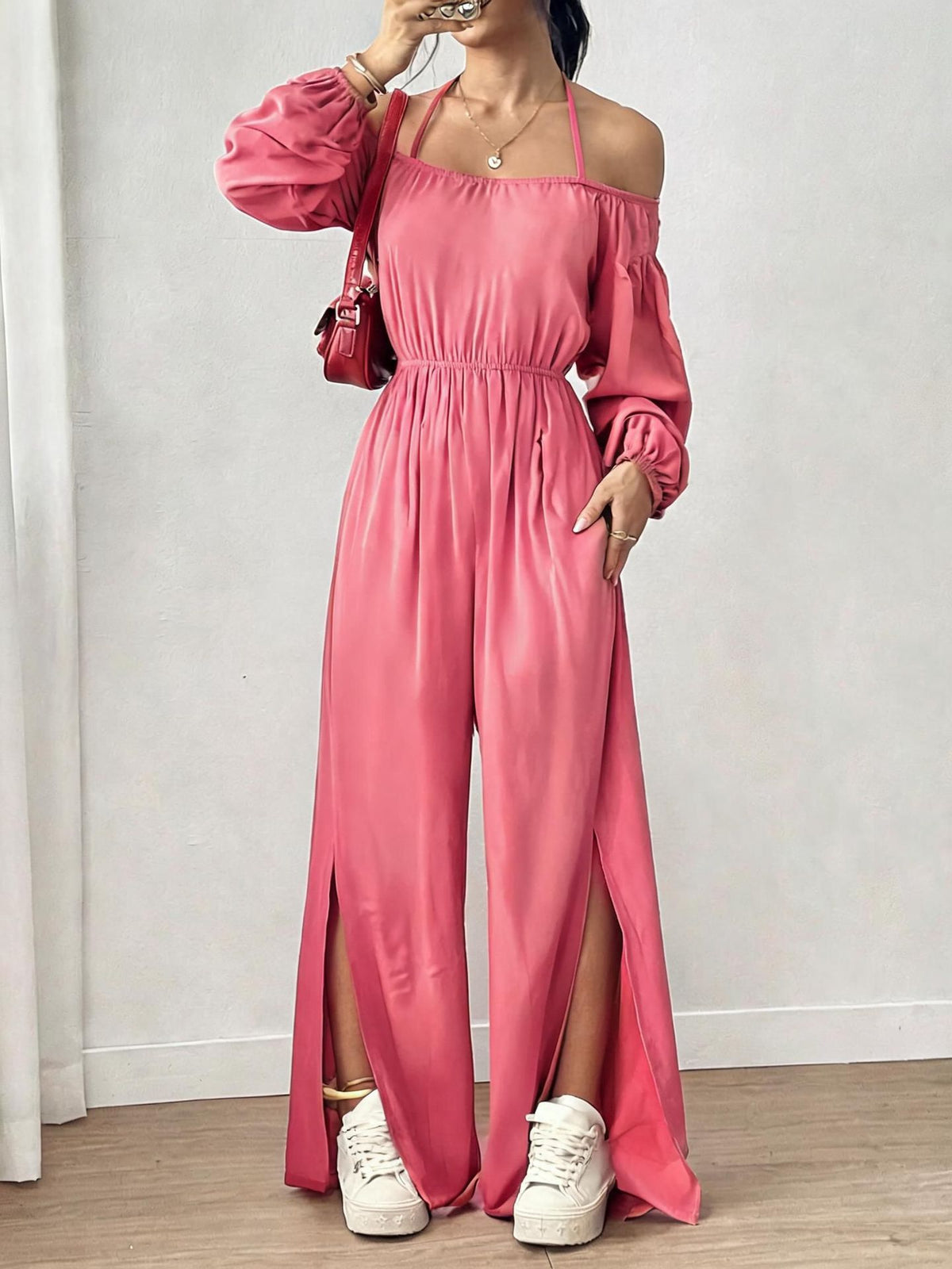 Women's Casual Strapless Slit Wide-Leg Jumpsuit