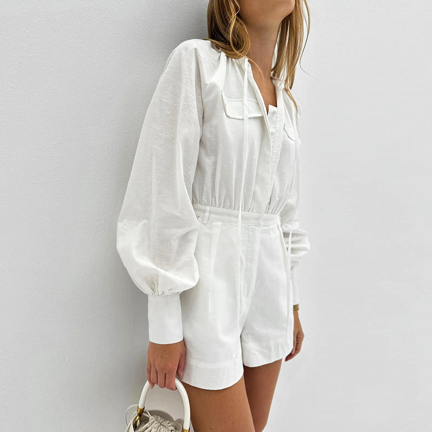 Chic White Cotton Puff Sleeve Romper