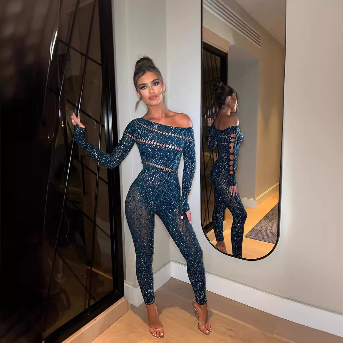 Sparkling Rhinestone Long-Sleeve Jumpsuit