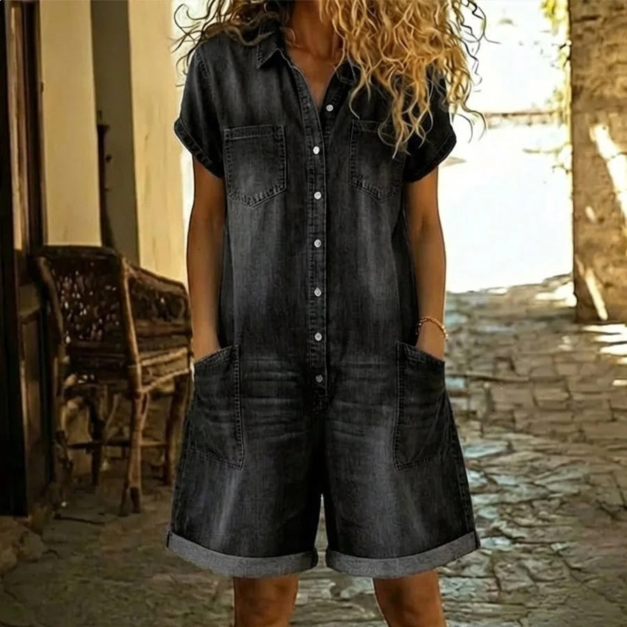 Washed Denim Short-Sleeve Pocket Jumpsuit