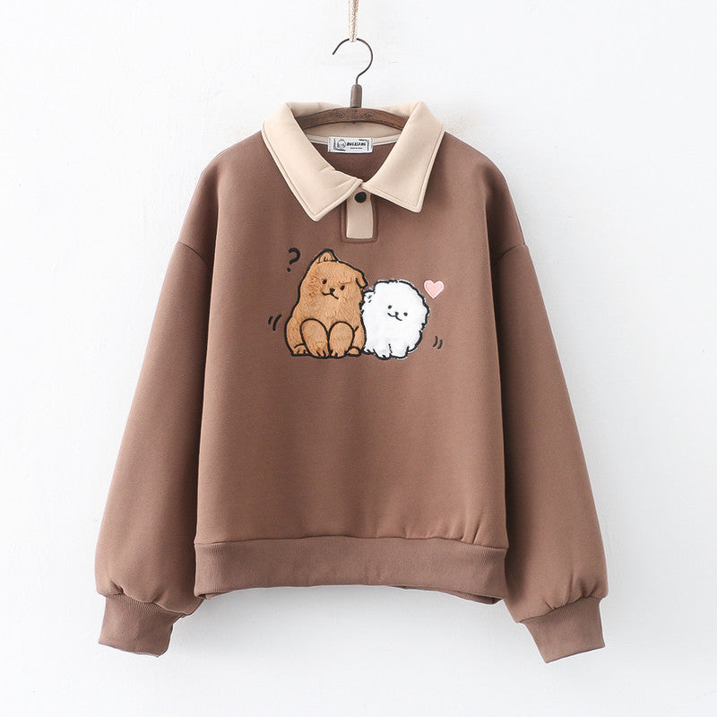 Cute Cartoon Dog Fleece-Lined Pullover Sweater