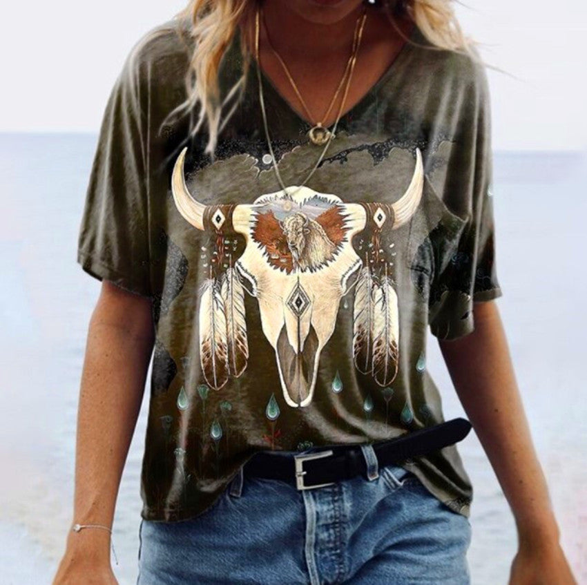 Retro 3D Print V-Neck Tee Casual Vintage Women's Top