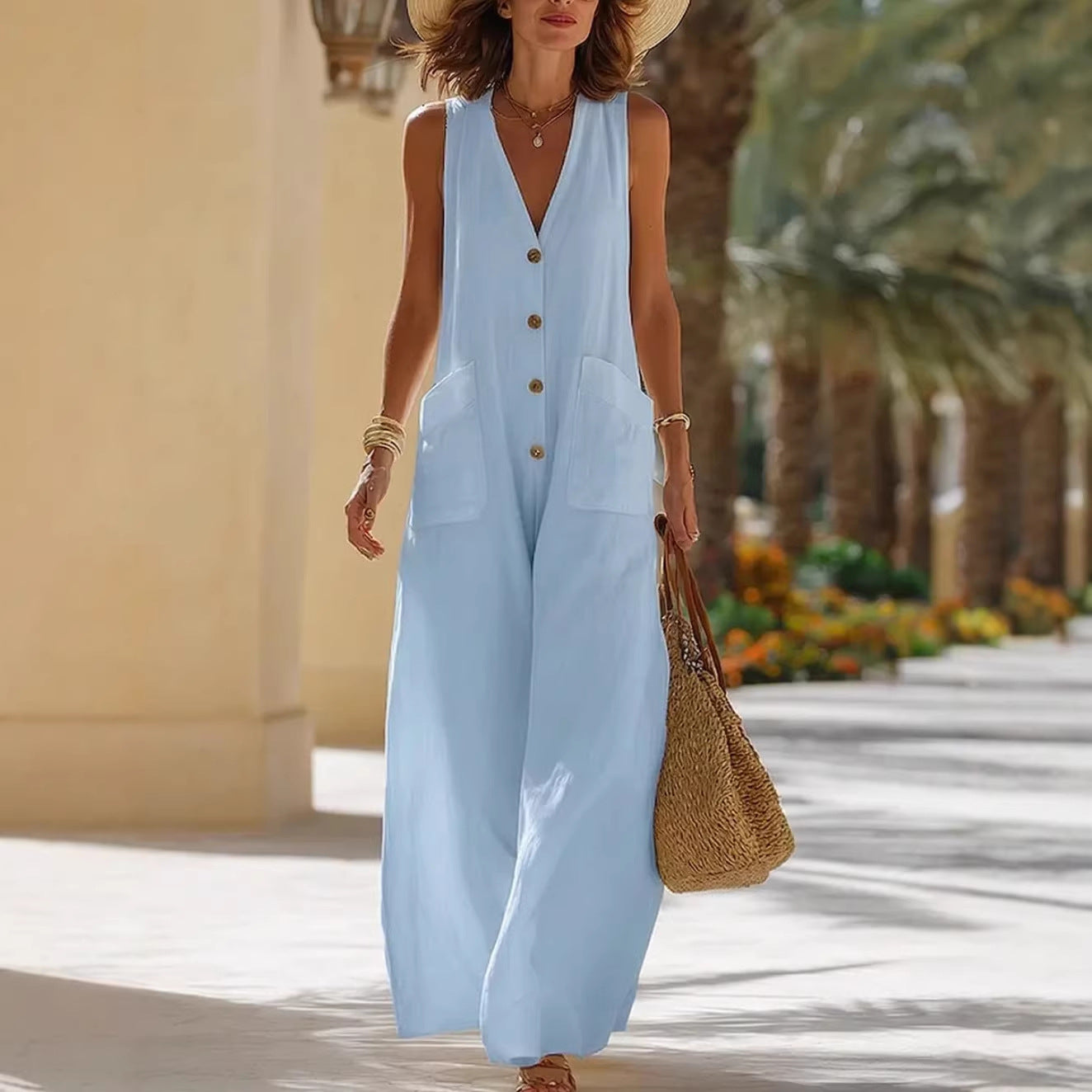Cotton Linen Sleeveless Wide-Leg Jumpsuit with Pockets