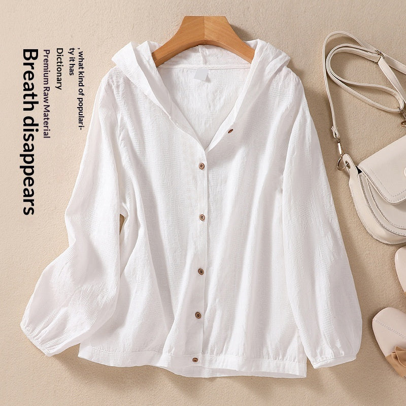 Plus-Size Hooded Cardigan Top – Loose Fit, Cotton-Linen Blend