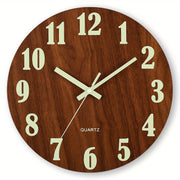Dark Brown Large Glow In The Dark Clock, 12/16 Inch Walnut Texture Round Silent Luminous Wall Clock Battery Powered With Luminous Numbers And Hands, Suitable For Living Room, Bedroom, Office, Modern Home Wall Decoration, Unique Christmas Gift