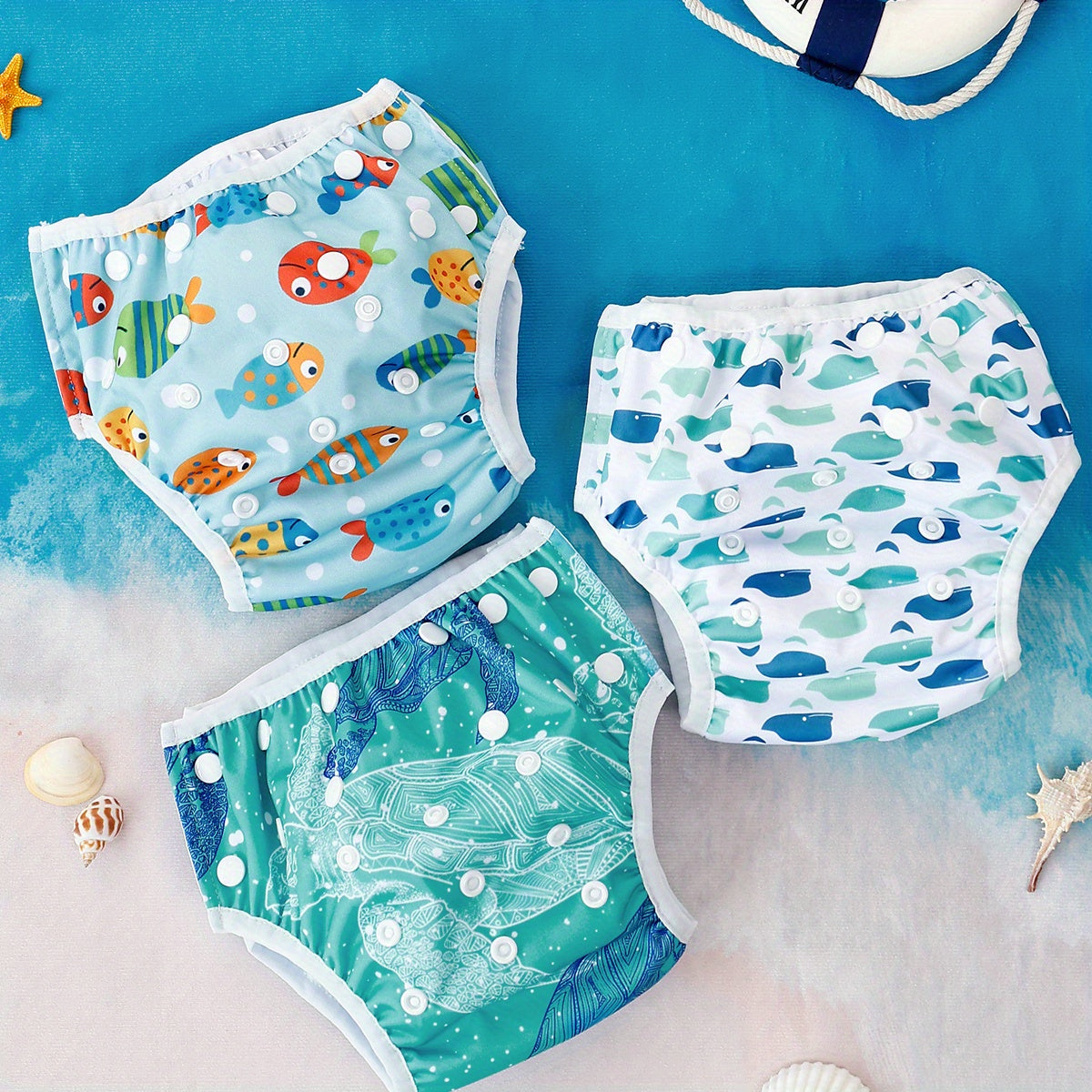 3-Piece Whimsical Swim Diaper Set with Starfish, Fish, and Bubble Patterns