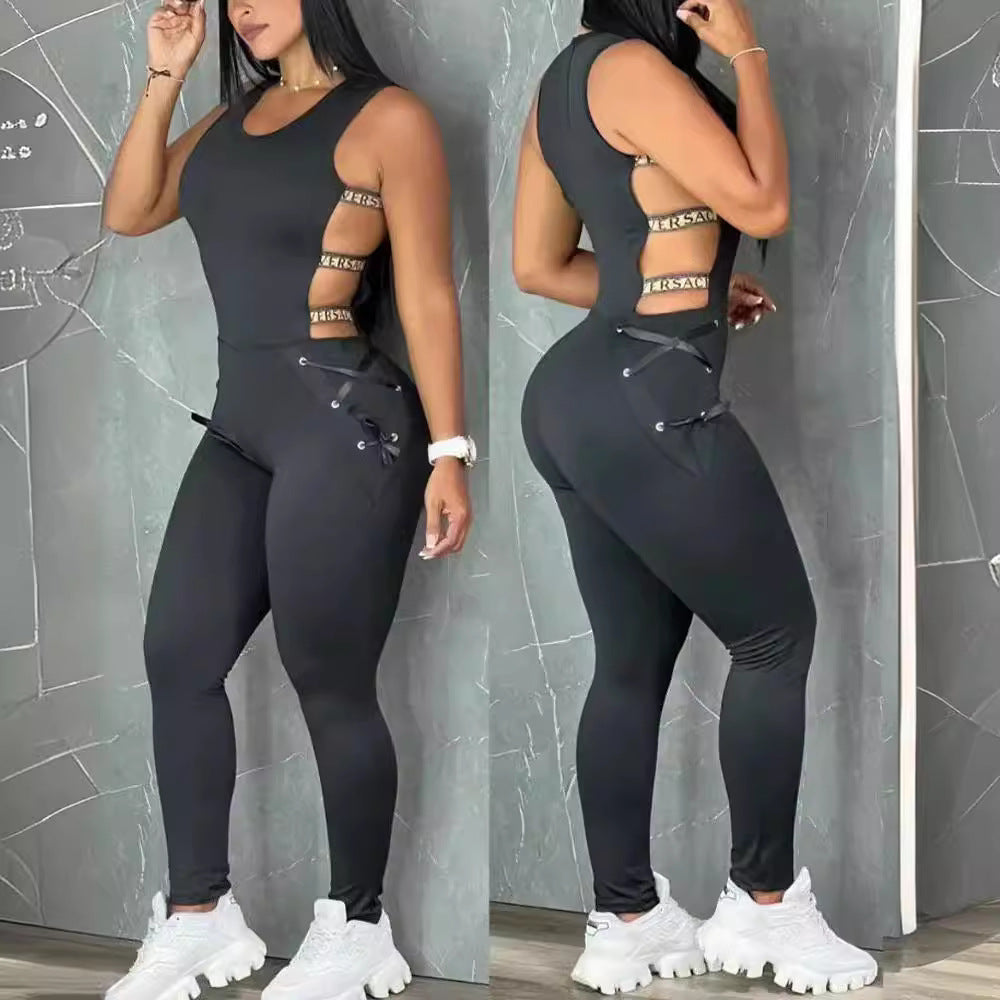 Women's One-piece Hollow Out Slim-fit Lace Up Punk Jumpsuit