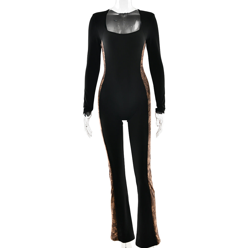 Women's Square-Neck Mesh Long-Sleeve Jumpsuit