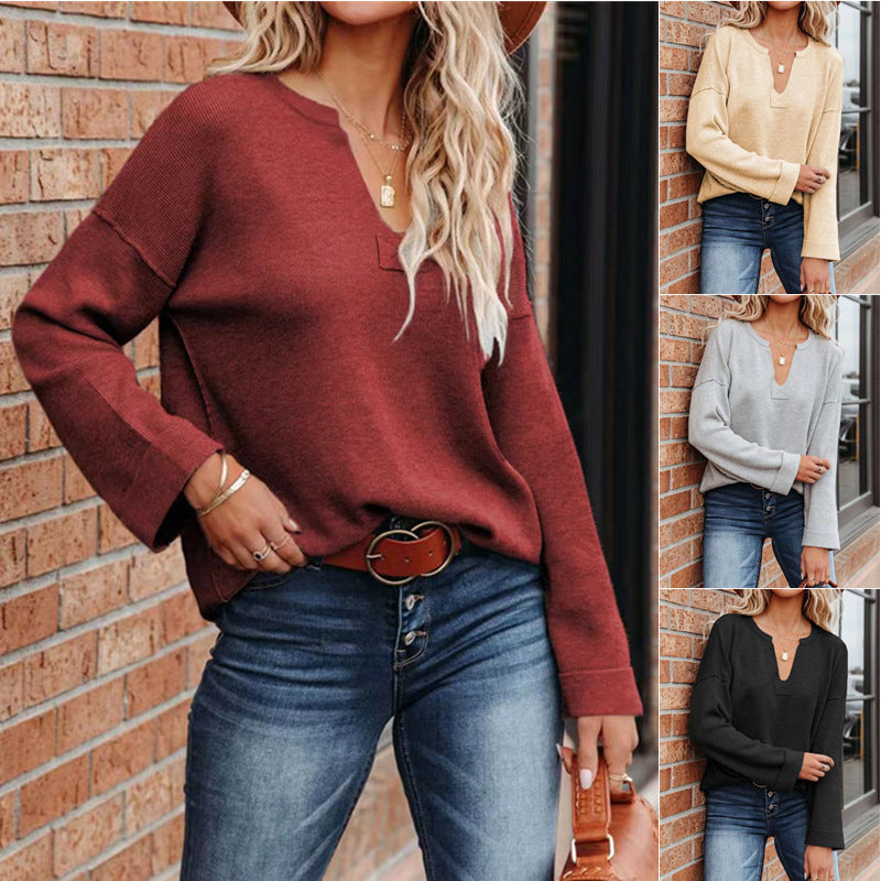 Solid V-neck Knitted European And American Curly Sweater Women