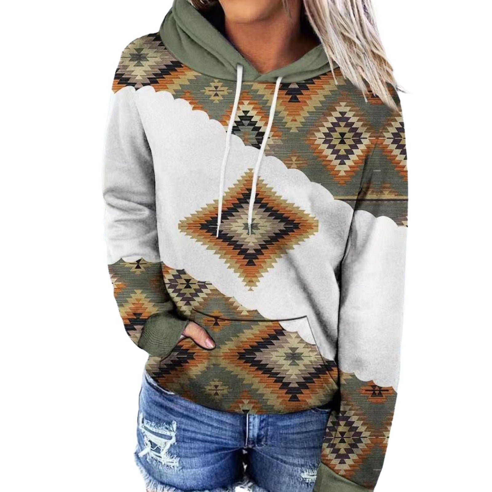 Women's 3D Retro Multicolor Hooded Sweatshirt with Pockets