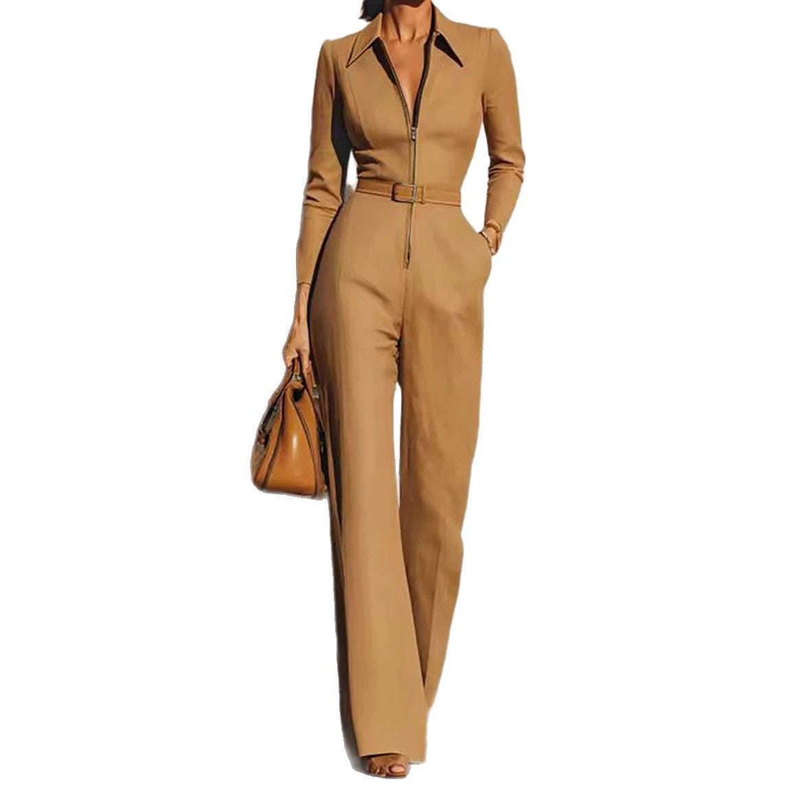 Women's V-Neck Belted Long-Sleeve Zip Jumpsuit