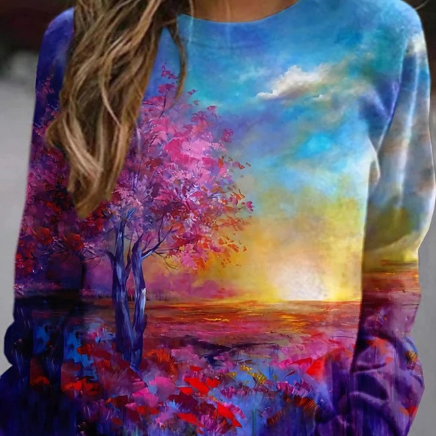 Floral Landscape Print Long Sleeve Streetwear Pullover