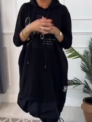 Cozy Letter Splicing Hooded Long Sleeve Sweater Dress