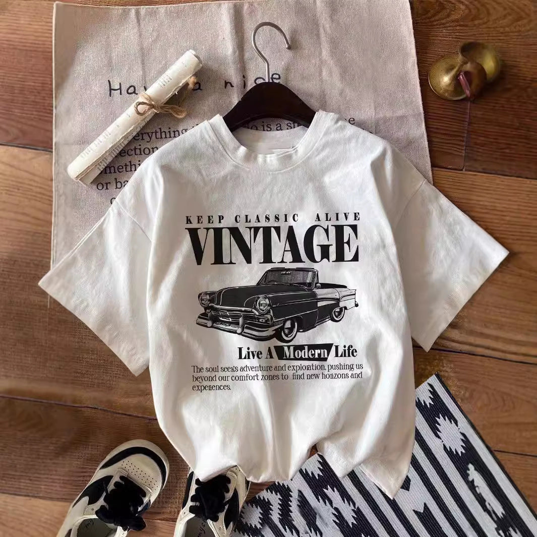Retro Vintage Car Print Women's Short Sleeve Pullover – Casual Streetwear
