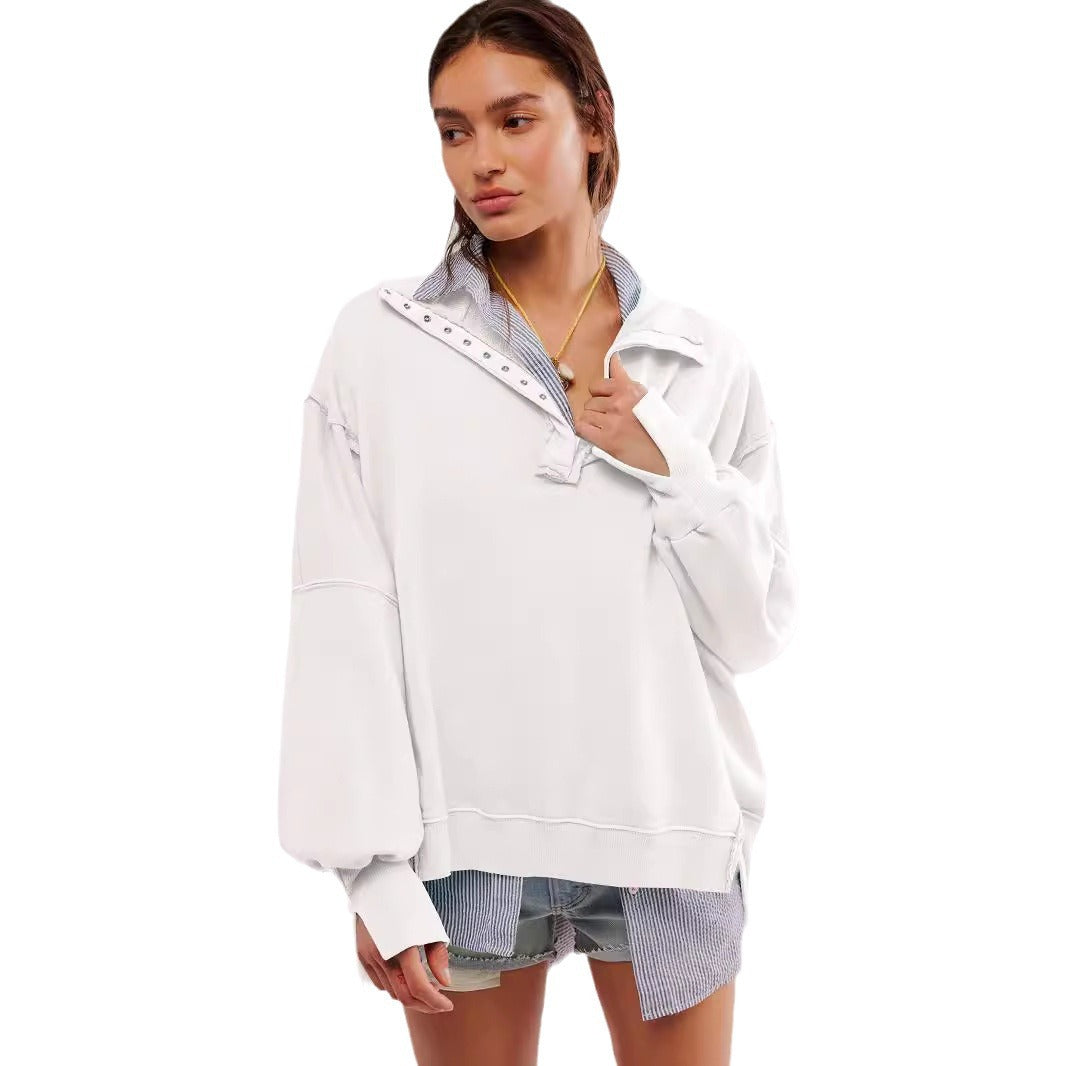 Chic Lantern Sleeve Split Lapel Pullover Sweater