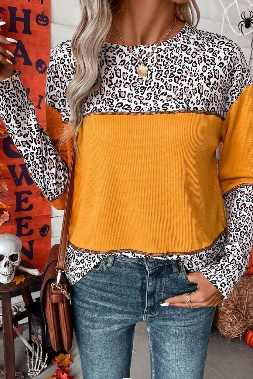 Leopard Splicing Waffle Knit Pullover Sweater