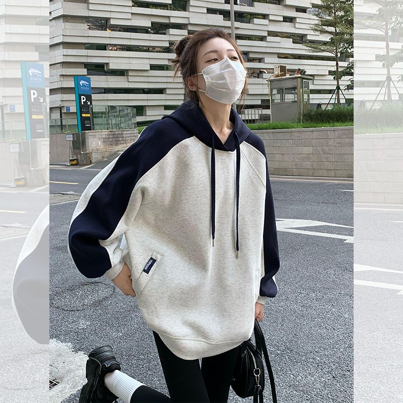 Retro Contrast Color Hooded Baggy Sweatshirt