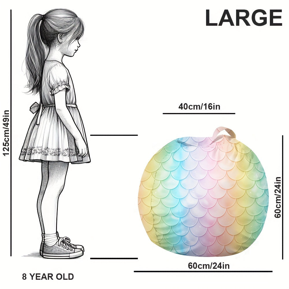 Large Bean Bag Chair Cover with Zipper – Soft Rainbow Mermaid Scale Design, Handles for Easy Transport, Washable Storage for Plush Toys