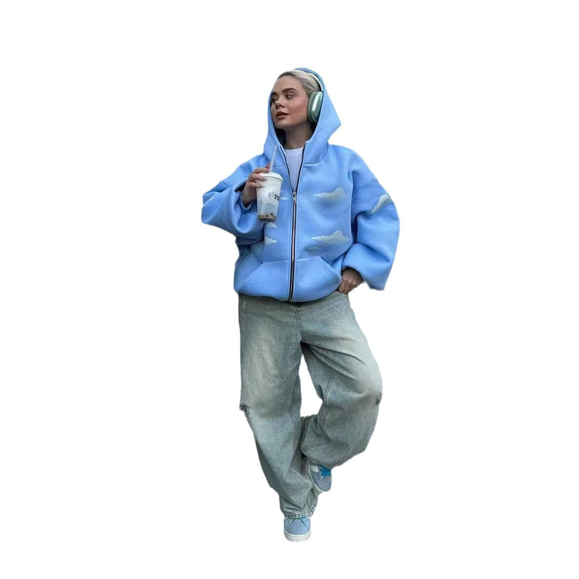Women's Cloud Print Zip-Up Hoodie Cozy Loose Sweatshirt