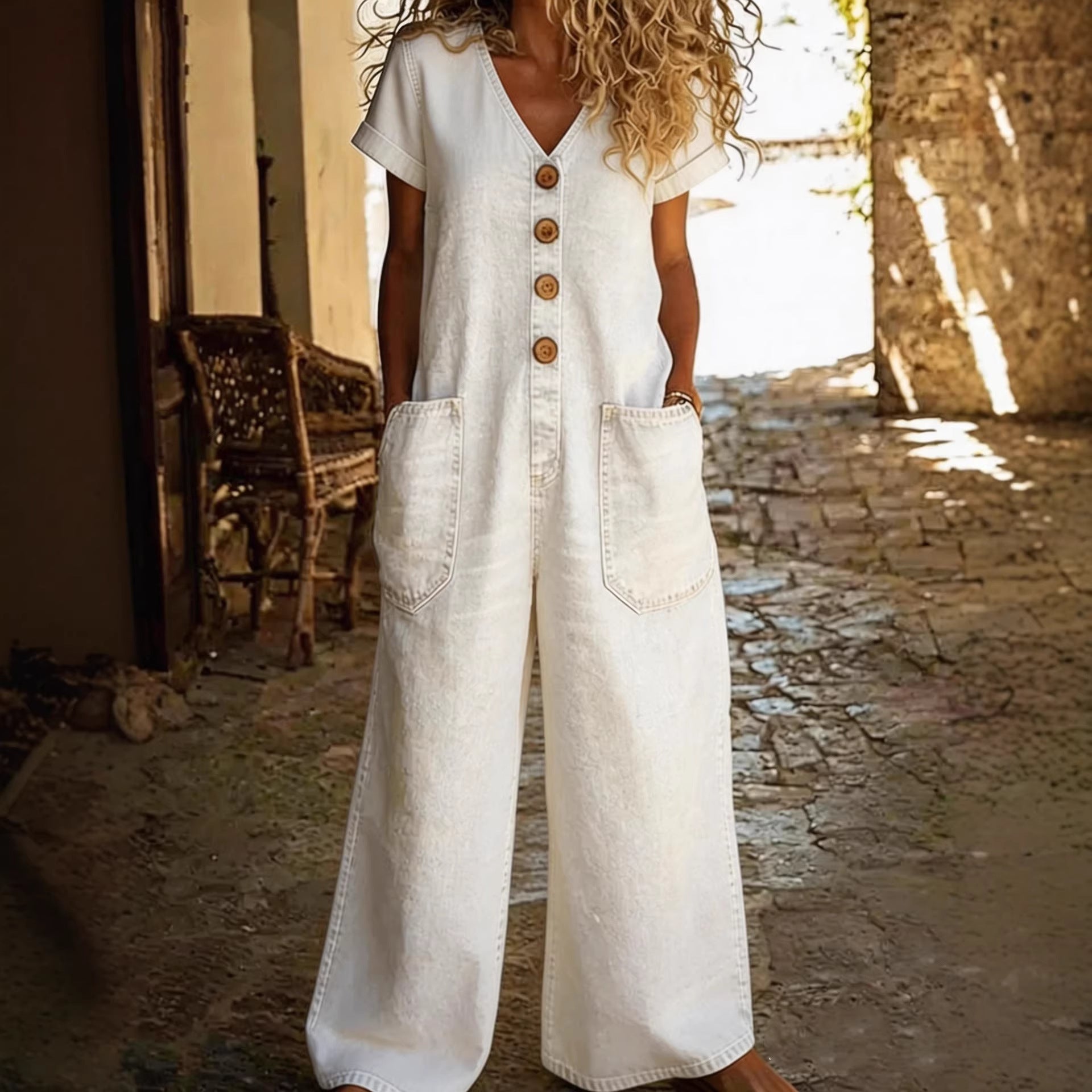 Women's Casual Cotton-Linen Midi Dress with Pockets