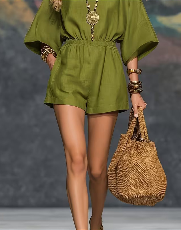 Bohemian Square Neck Elastic Waist Romper with Pockets