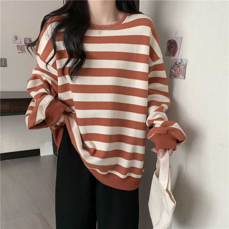Retro Striped Crew Neck Casual Sweatshirt for Women