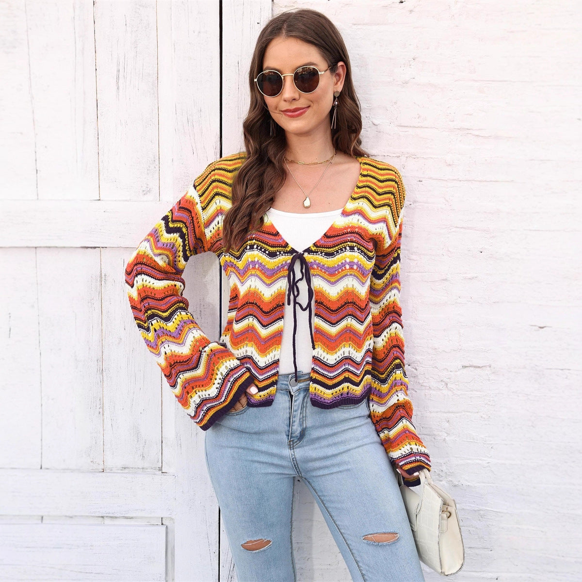 Knitted Shirt Rainbow Color Wave Pattern Christmas Sweater