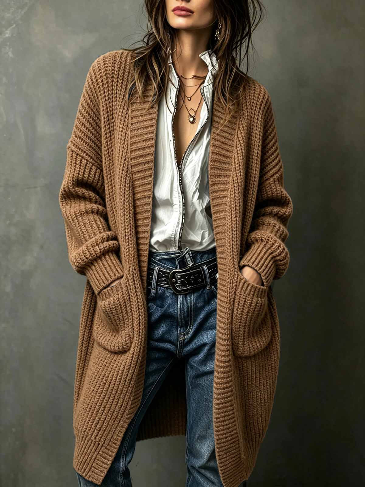 Western-style Breezy Pocket Cardigan Sweater