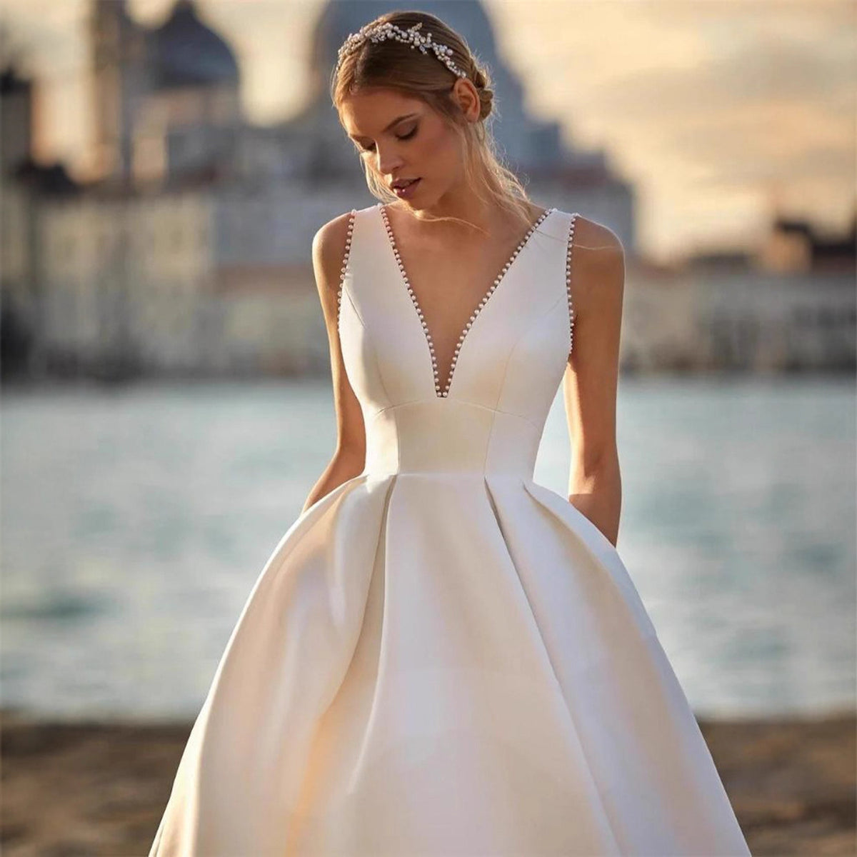 Satin Deep V-Neck Sleeveless Wedding Dress