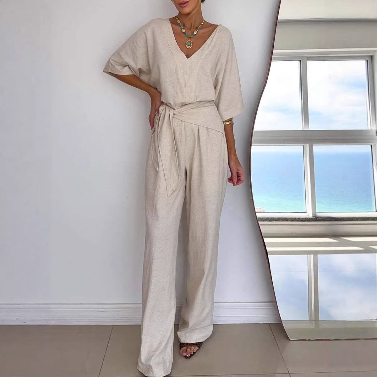 Womens V-neck Casual Mid-length Sleeve Belted Jumpsuit