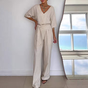 Womens V-neck Casual Mid-length Sleeve Belted Jumpsuit