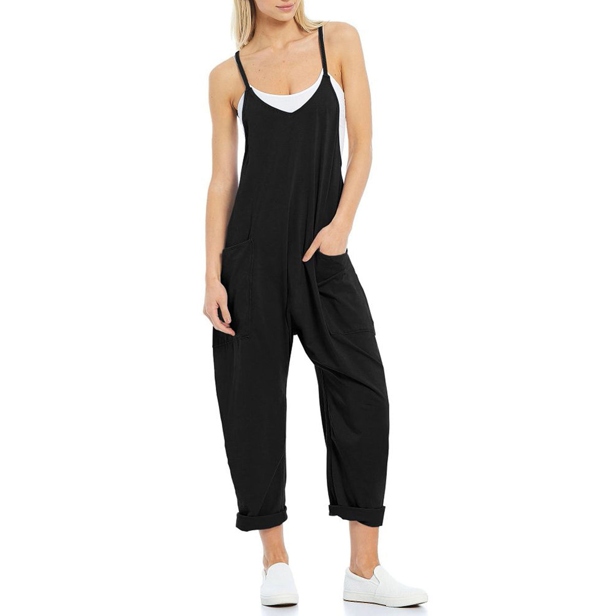 Women's Knit Spaghetti Strap Pocket Romper Jumpsuit