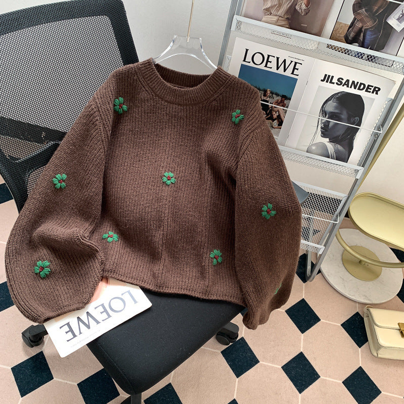 Loose and Lazy Style High-grade Korean Style Vintage Embroidered Flower Pullover Sweater