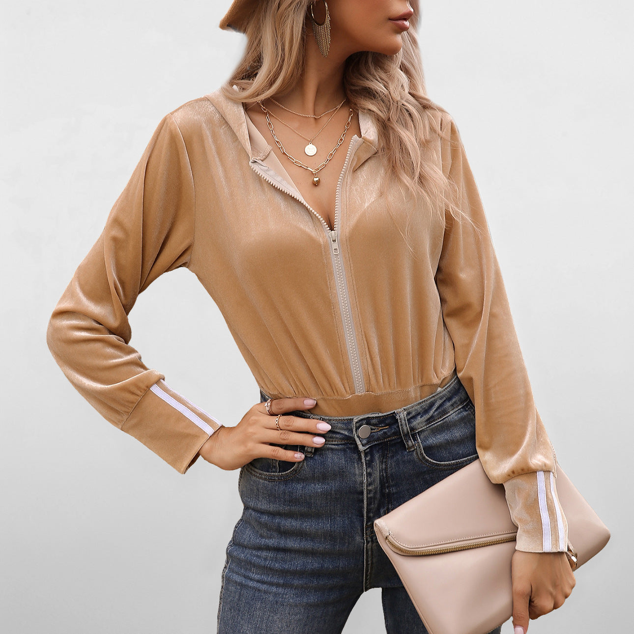 Womens High-Waist Long-Sleeve Solid-Color Hooded Jumpsuit