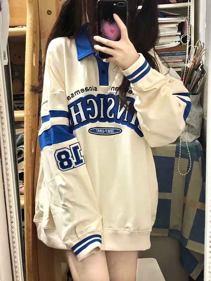 Retro Japanese Color-Block Loose Long Sleeve Pullover Sweatshirt