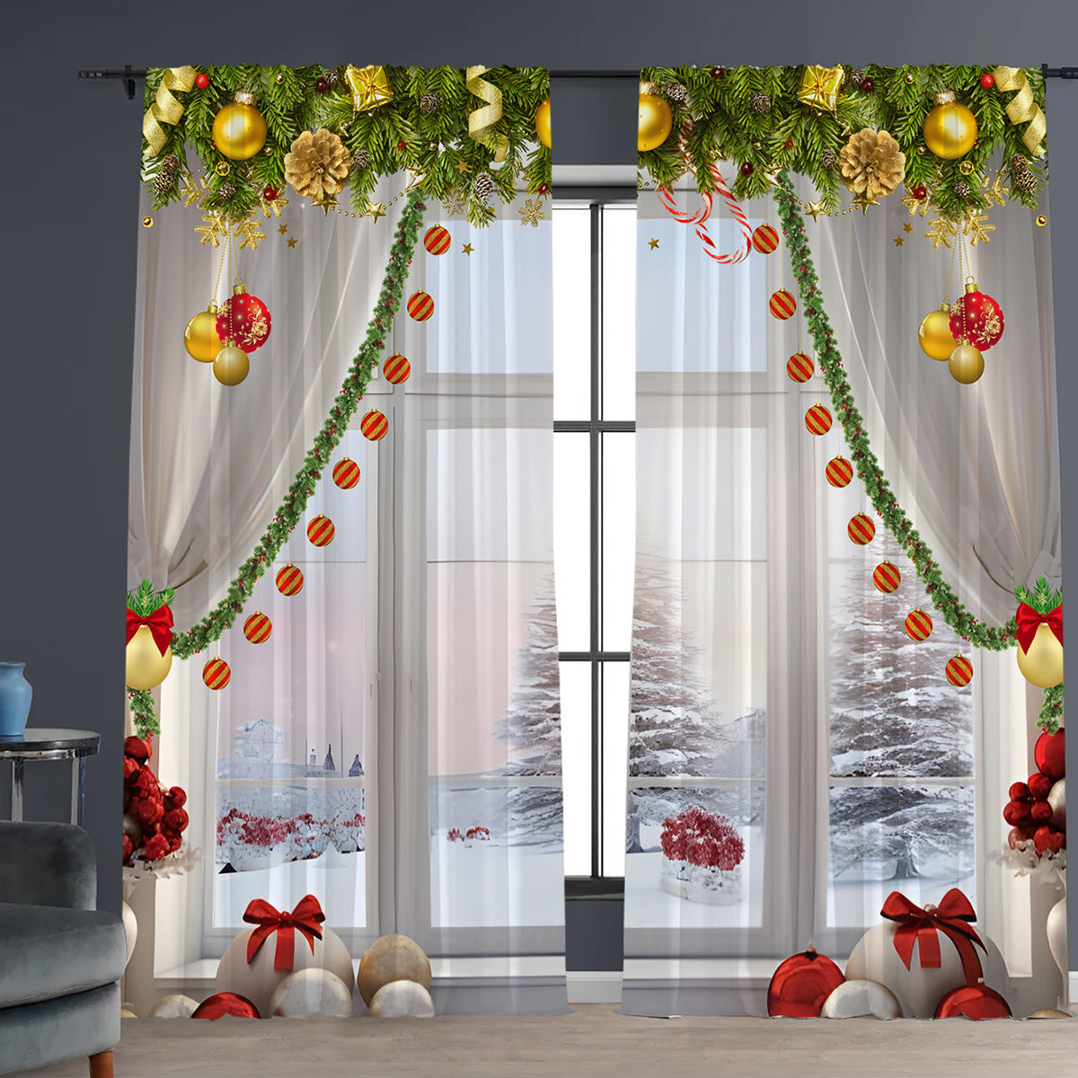 2pcs Christmas Curtain 3d Digital Printing Flower Type
