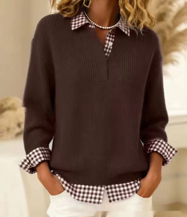 Womens Patchwork Sweater with a Shirt Collar for a Casual Fashionable Look