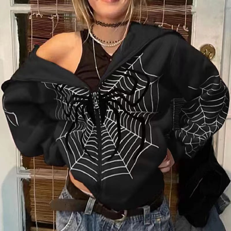 Spider Web Print Zip-Up Hoodie Streetwear Pullover