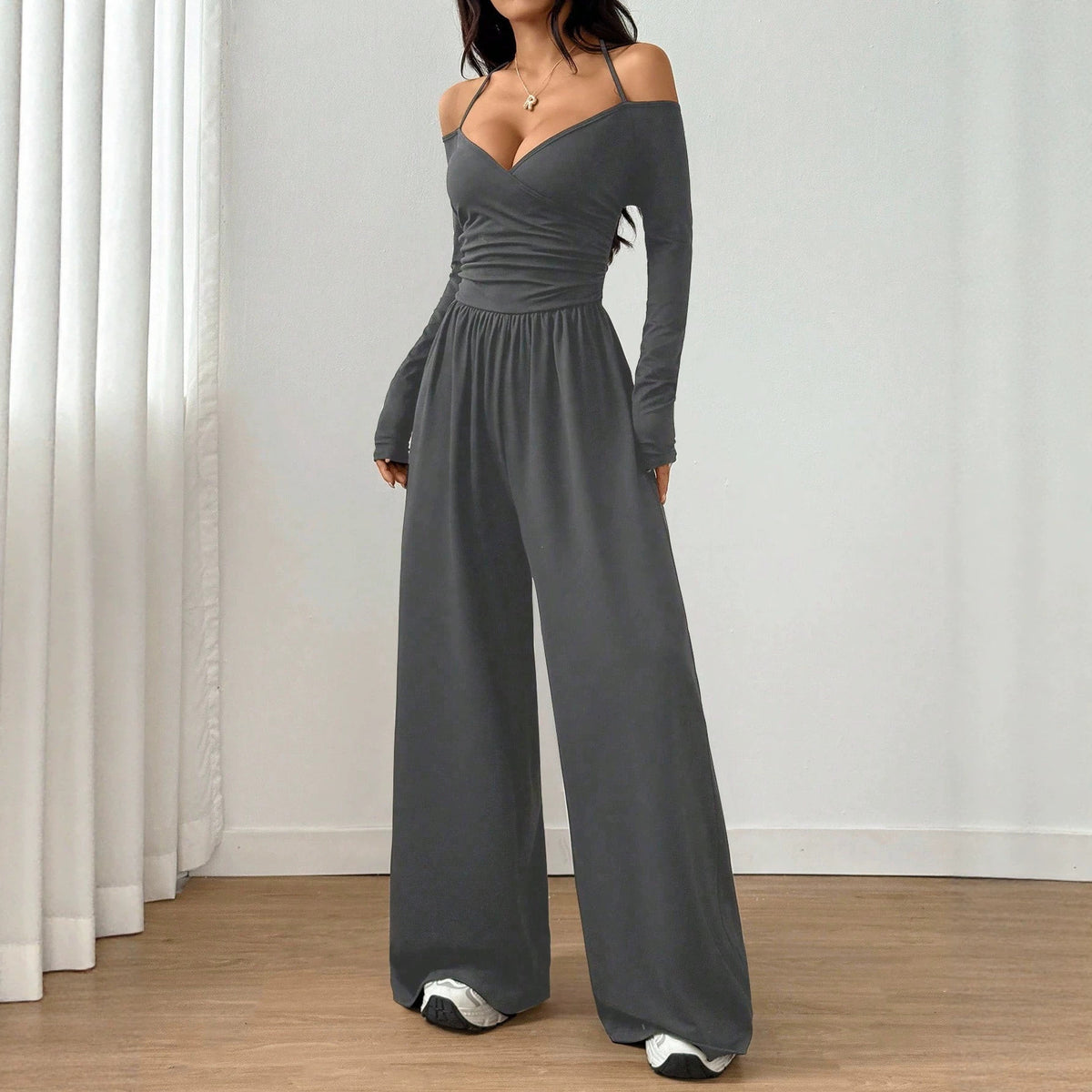 V-neck Halter Lace-up Long-sleeve Jumpsuit For Women