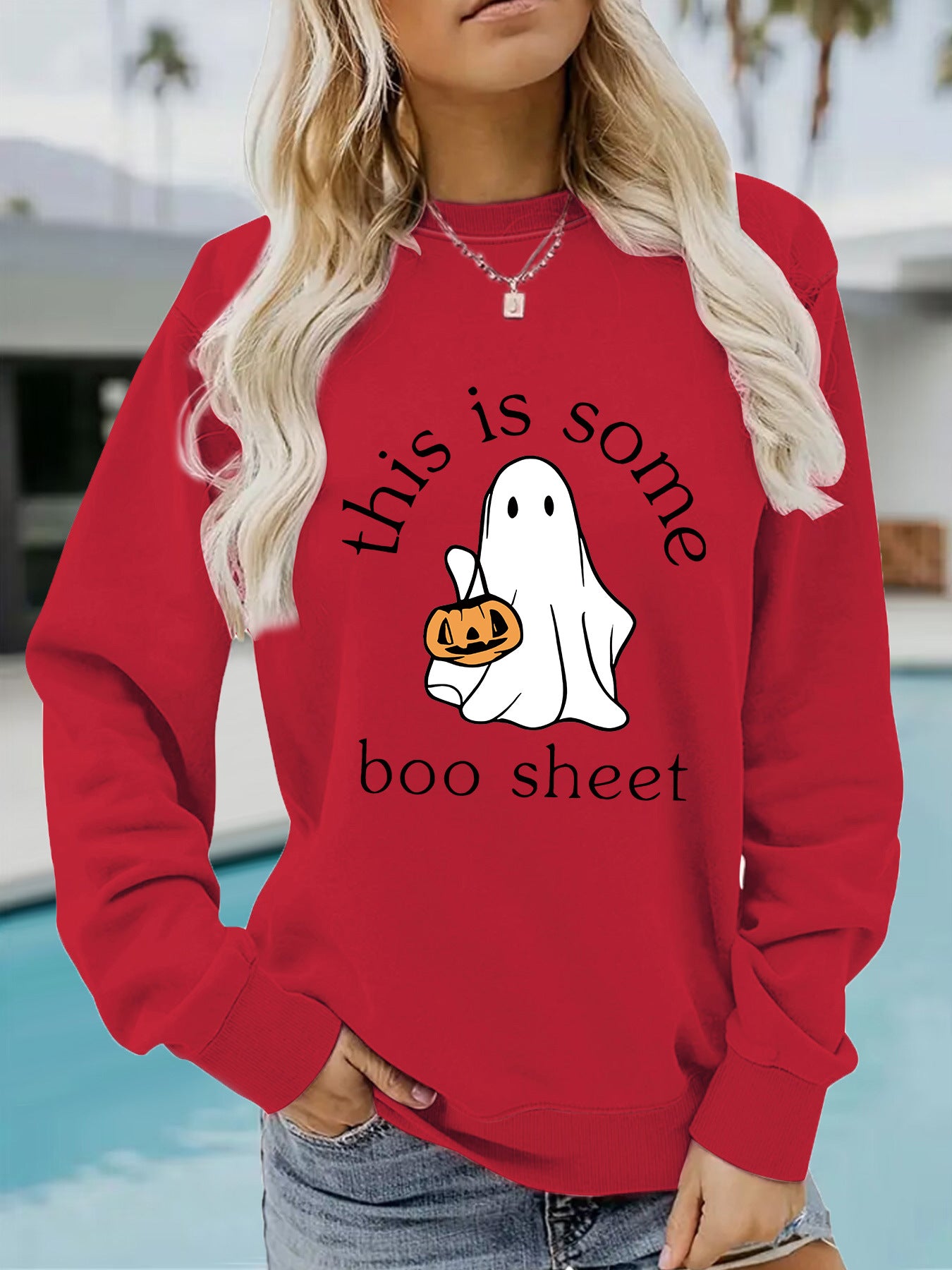 Spooky Chic Halloween Print Crewneck Pullover Sweatshirt