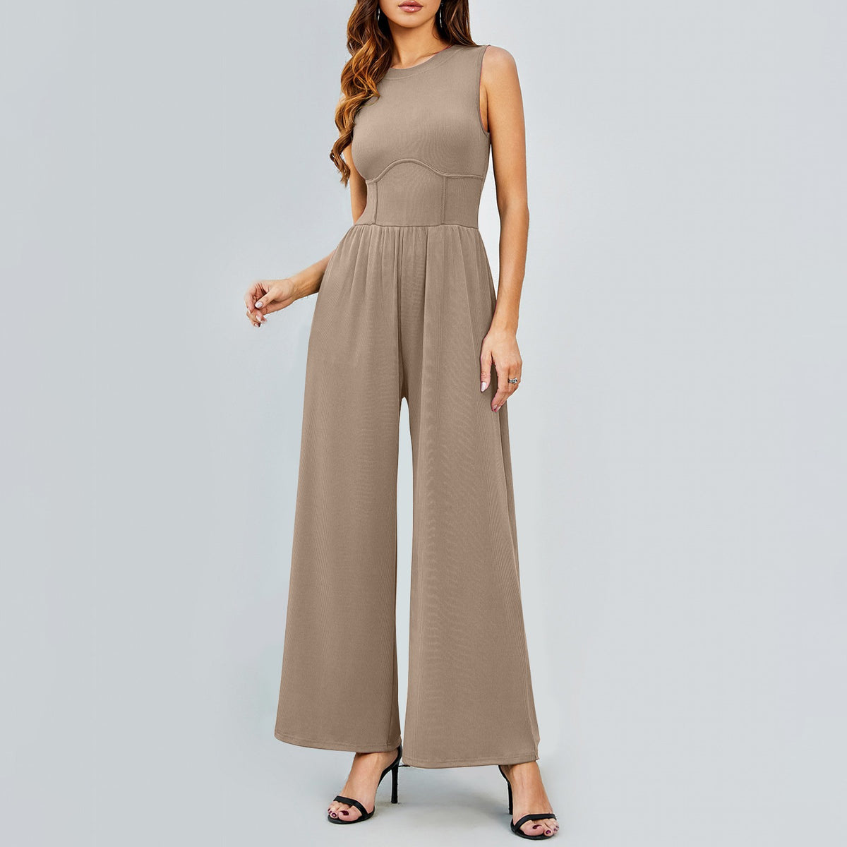 Womens Round-neck Solid-color Sleeveless Slim-fit Long Casual Jumpsuit