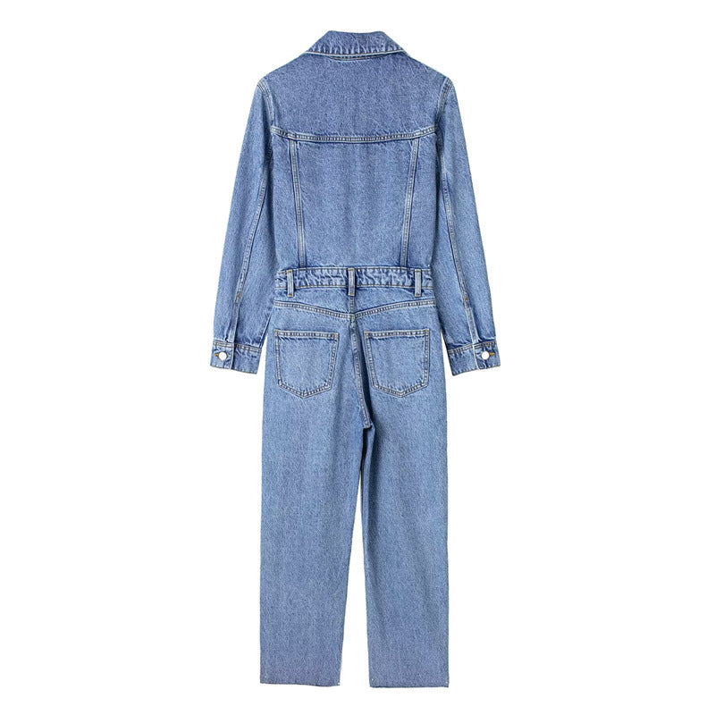 Chic Waist-Tight Straight-Leg Denim Jumpsuit